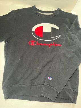 Champion Black Crewneck with Red & Blue Script Logo